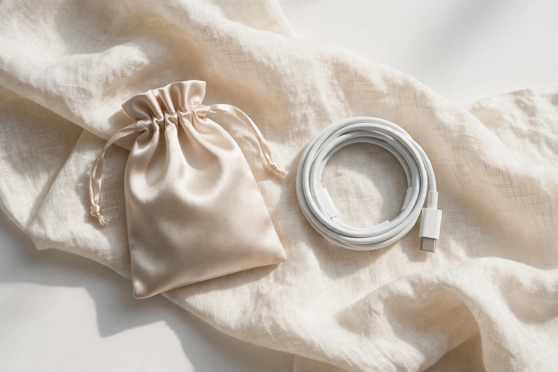 Pochon en satin et câble de recharge USB posés sur un tissu clair, illustration discrète de l'autonomie et de la charge