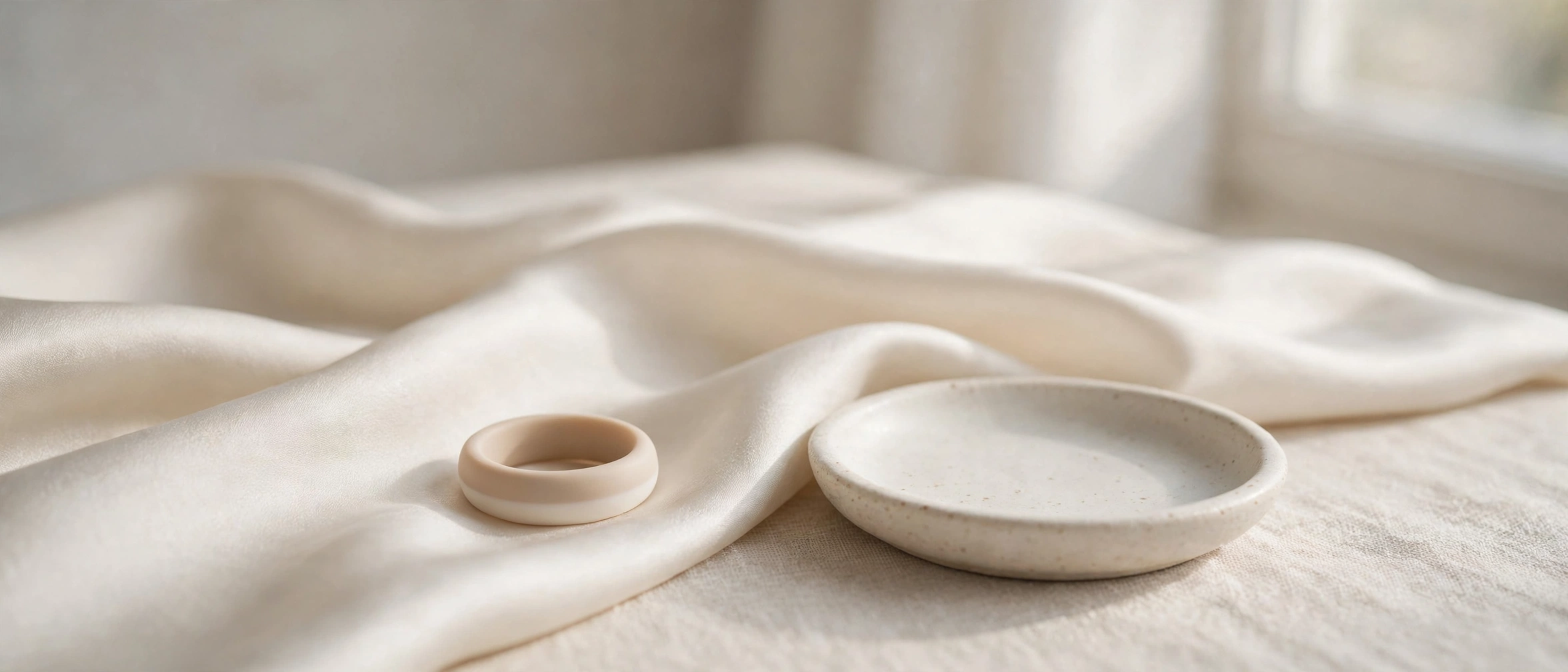 Anneau en silicone souple posé sur un tissu de soie, ambiance épurée et lumineuse