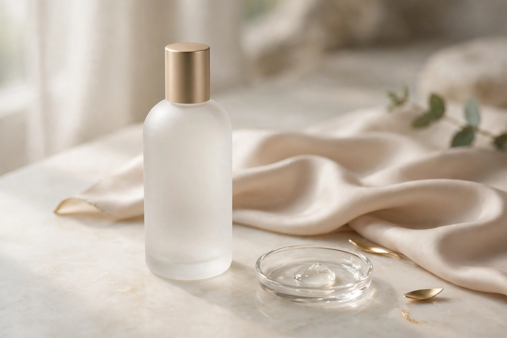 Flacon dépoli élégant et goutte de gel transparent sur marbre ivoire, ambiance bien-être premium