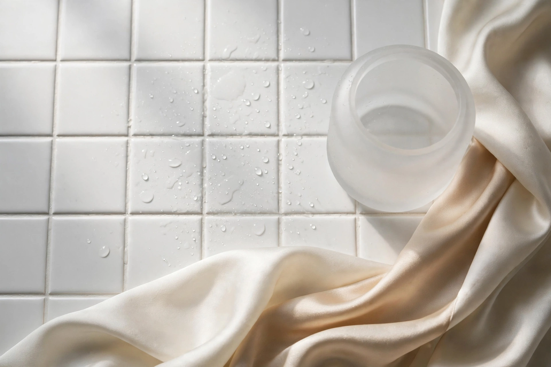 Carrelage blanc, soie ivoire et verre dépoli, ambiance élégante et discrète