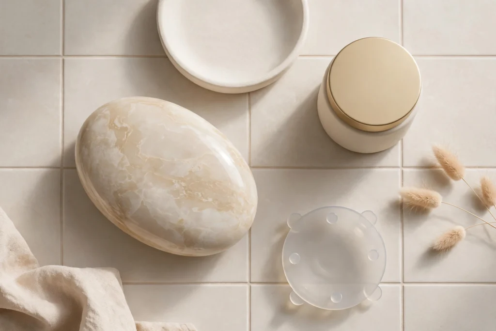 Surfaces lisses en pierre et céramique, tons ivoire et dorés, ambiance sobre