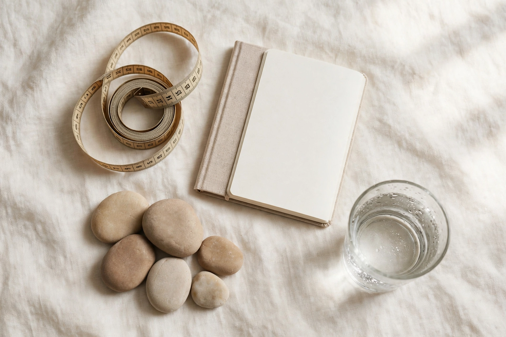 Mètre ruban et carnet sur lin naturel, pour mesurer et comparer les tailles avant l'achat