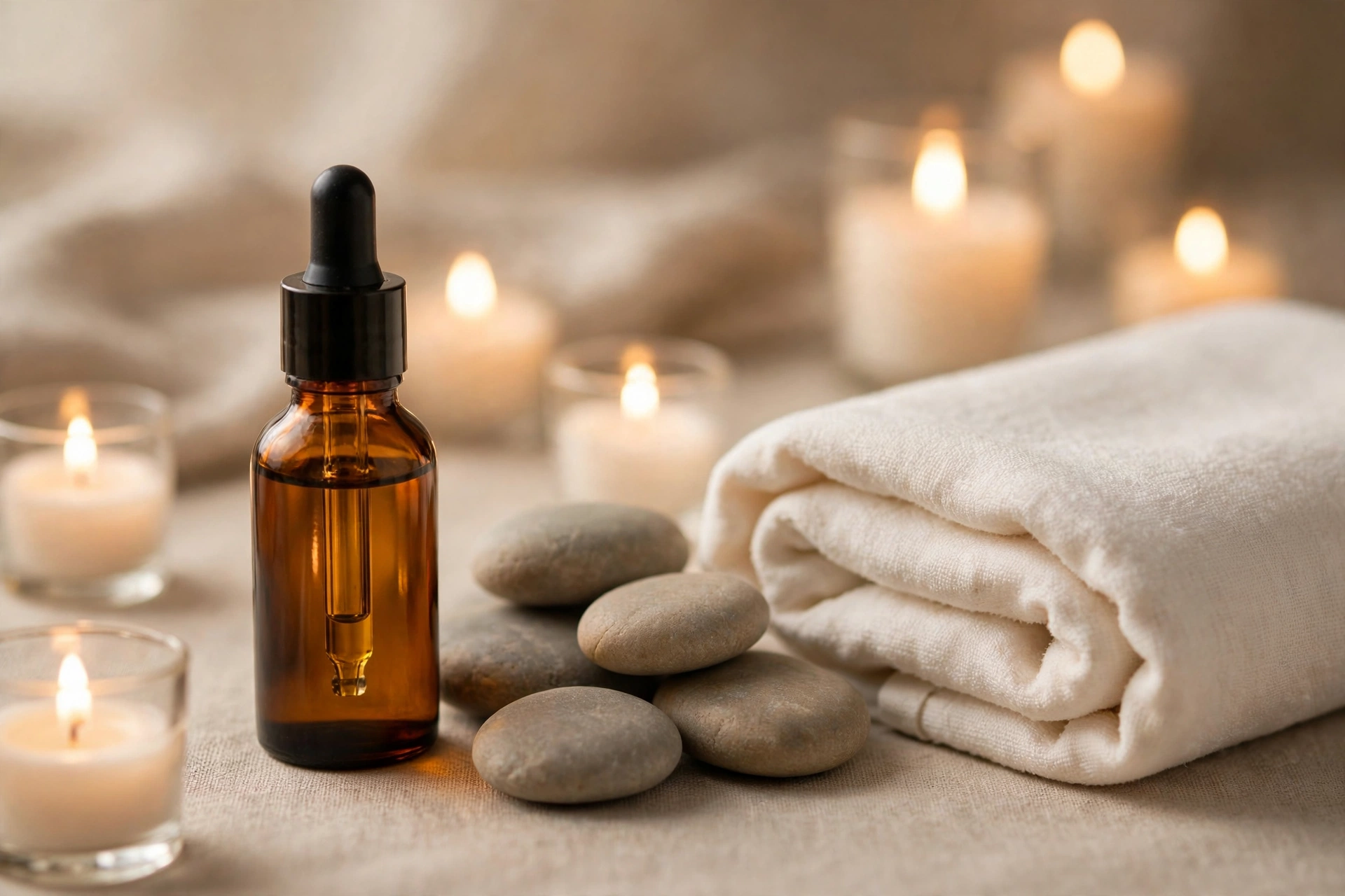 Huile de massage sensuelle — flacon ambré, bougies et ambiance spa élégante