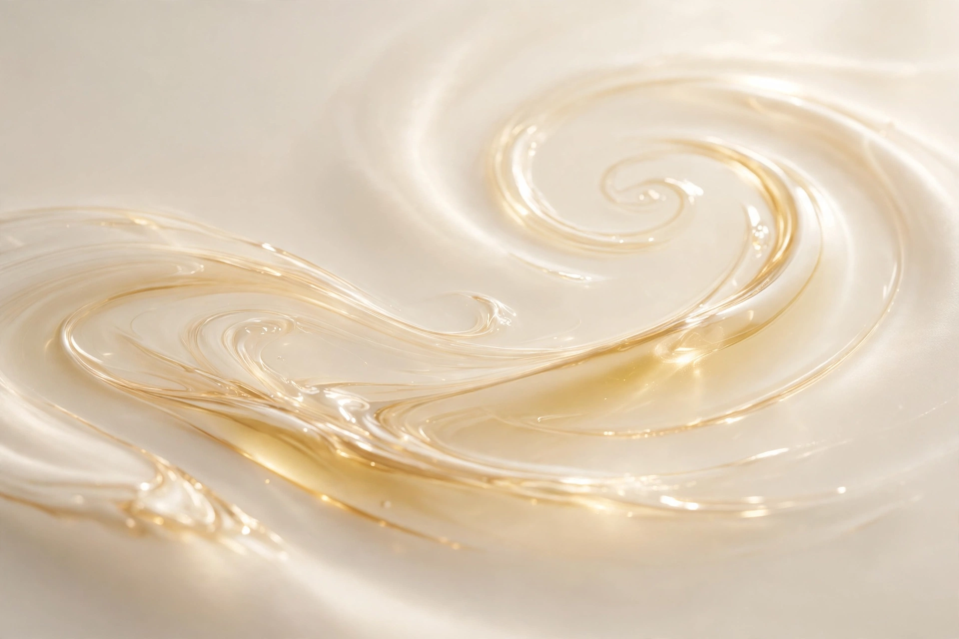 Texture dorée d'une huile de massage sensuelle sur fond ivoire