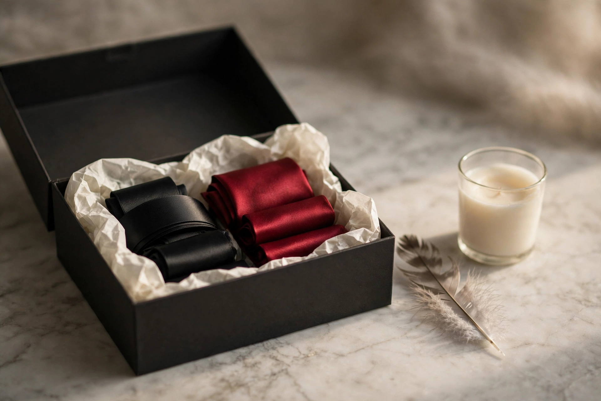 Coffret élégant contenant des rubans de satin noir et bordeaux, bougie et plume, sur marbre