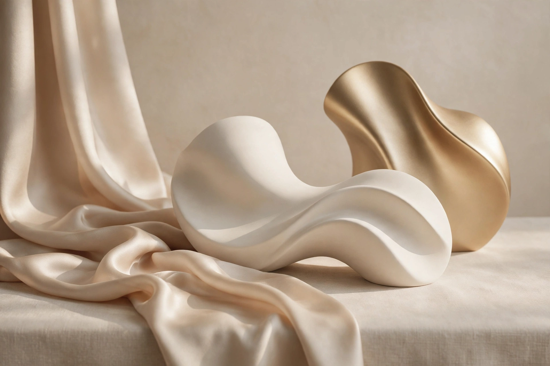 Sculptures abstraites aux courbes douces, ambiance premium et discrète