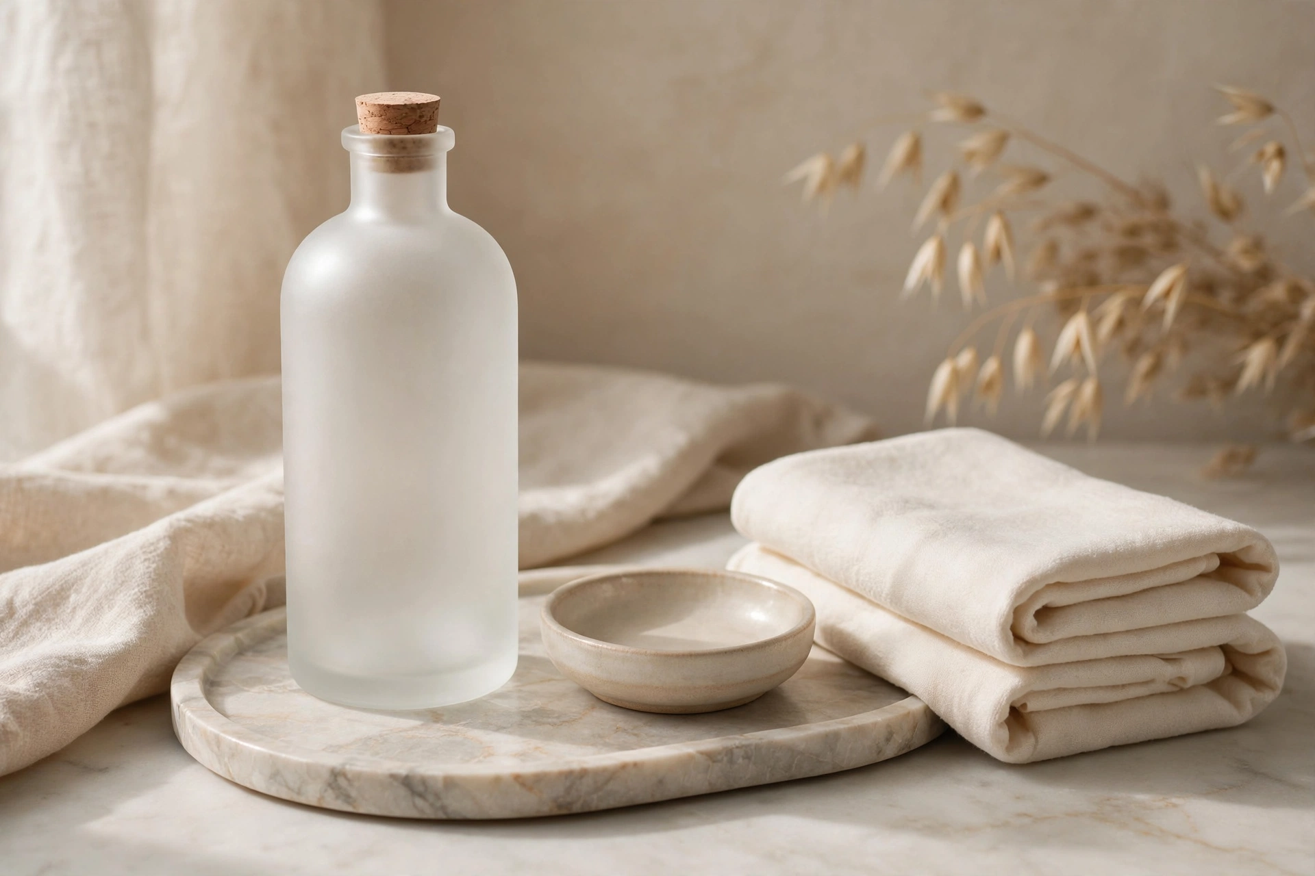Ambiance spa élégante, flacon dépoli et serviettes crème sur plateau de marbre