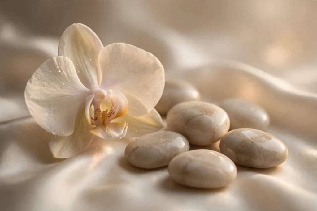 Orchidée et galets polis sur soie — nature morte élégante