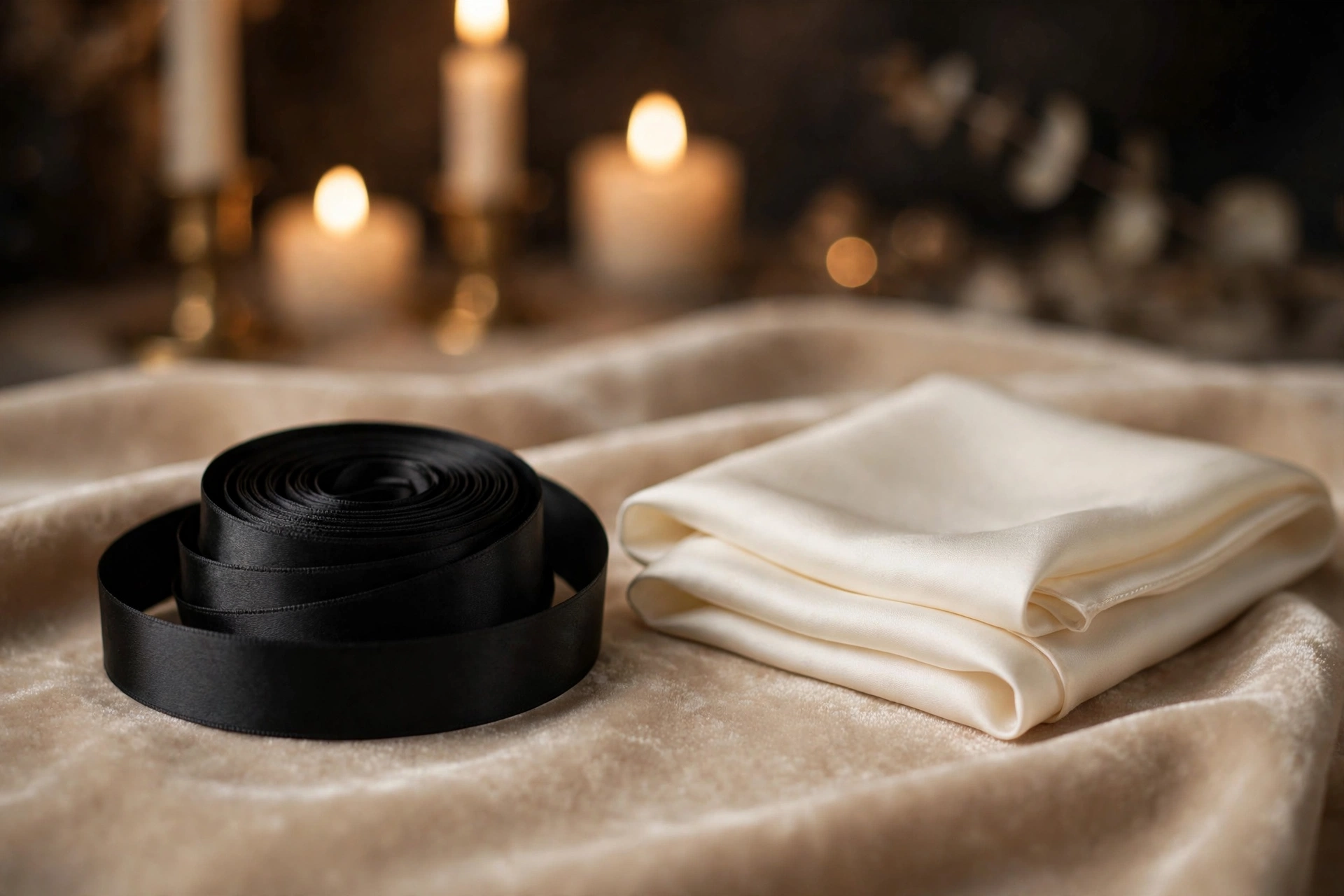 Kit BDSM débutant : ruban en satin noir et foulard en soie ivoire, ambiance bougies