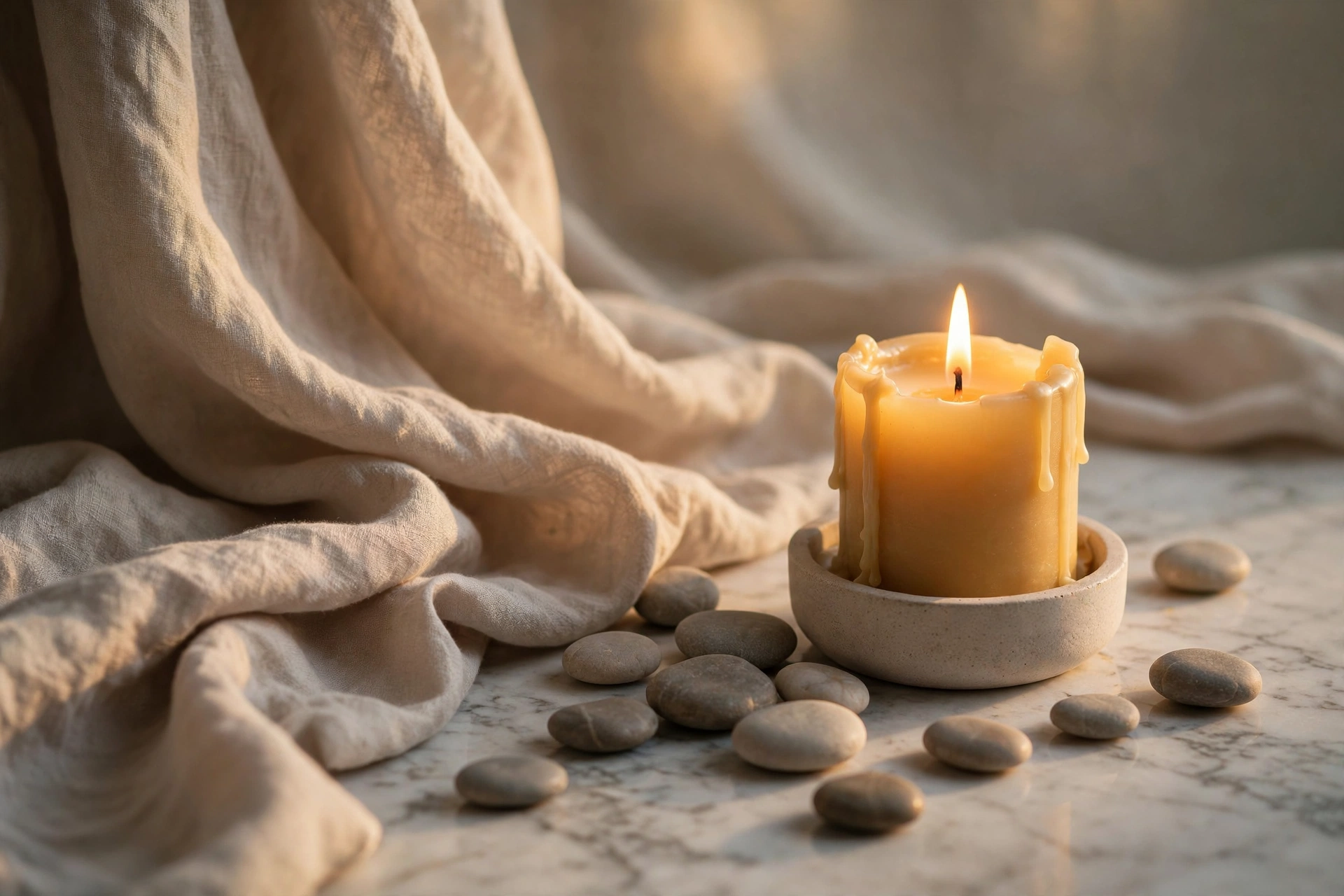 Ambiance bien-être discrète avec bougie et drapés — guide d'achat plug anal débutant