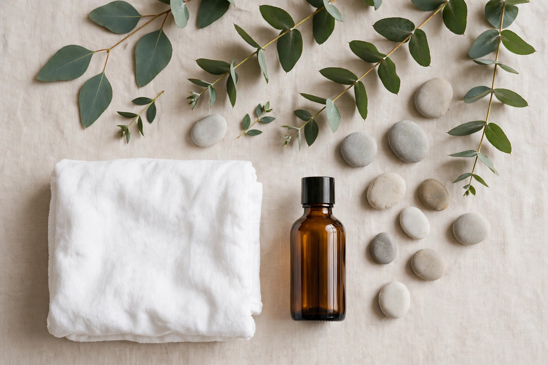 Ambiance bien-être élégante et discrète — serviette, pierres et eucalyptus