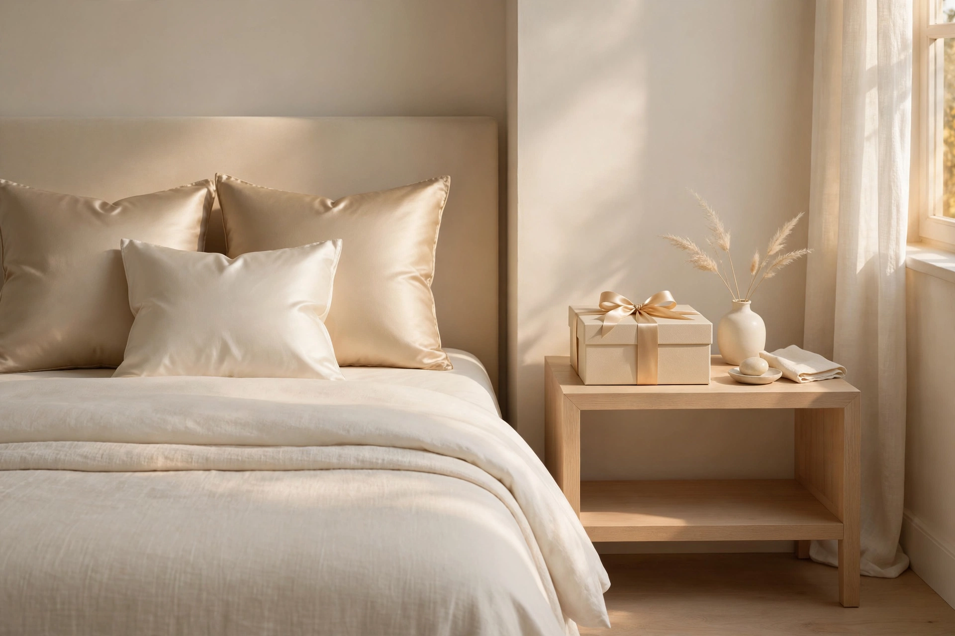 Chambre élégante aux tons ivoire, coffret discret sur la table de nuit