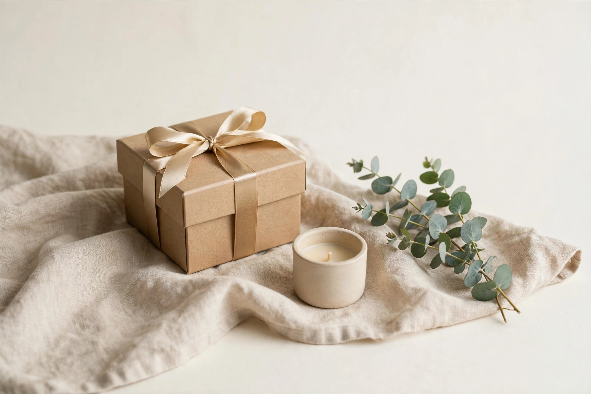 Coffret cadeau discret fermé avec ruban doré, bougie et eucalyptus — premier sextoy chez Hédonia