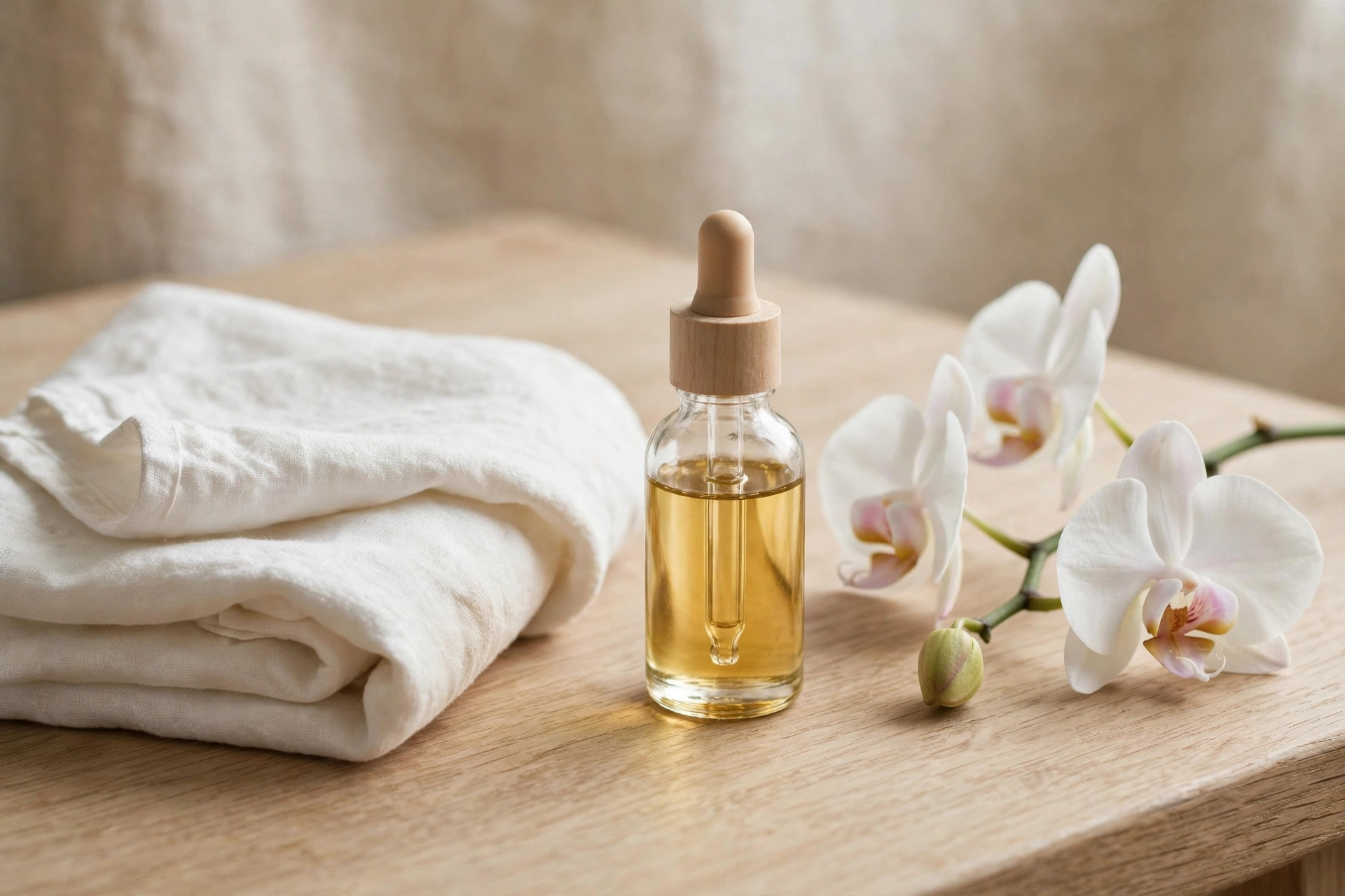 Huile de massage, serviette en lin et orchidée — rituel de détente