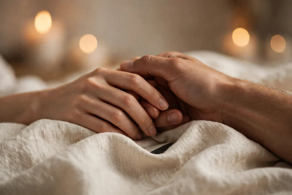 Couple partageant un moment complice avec une télécommande discrète
