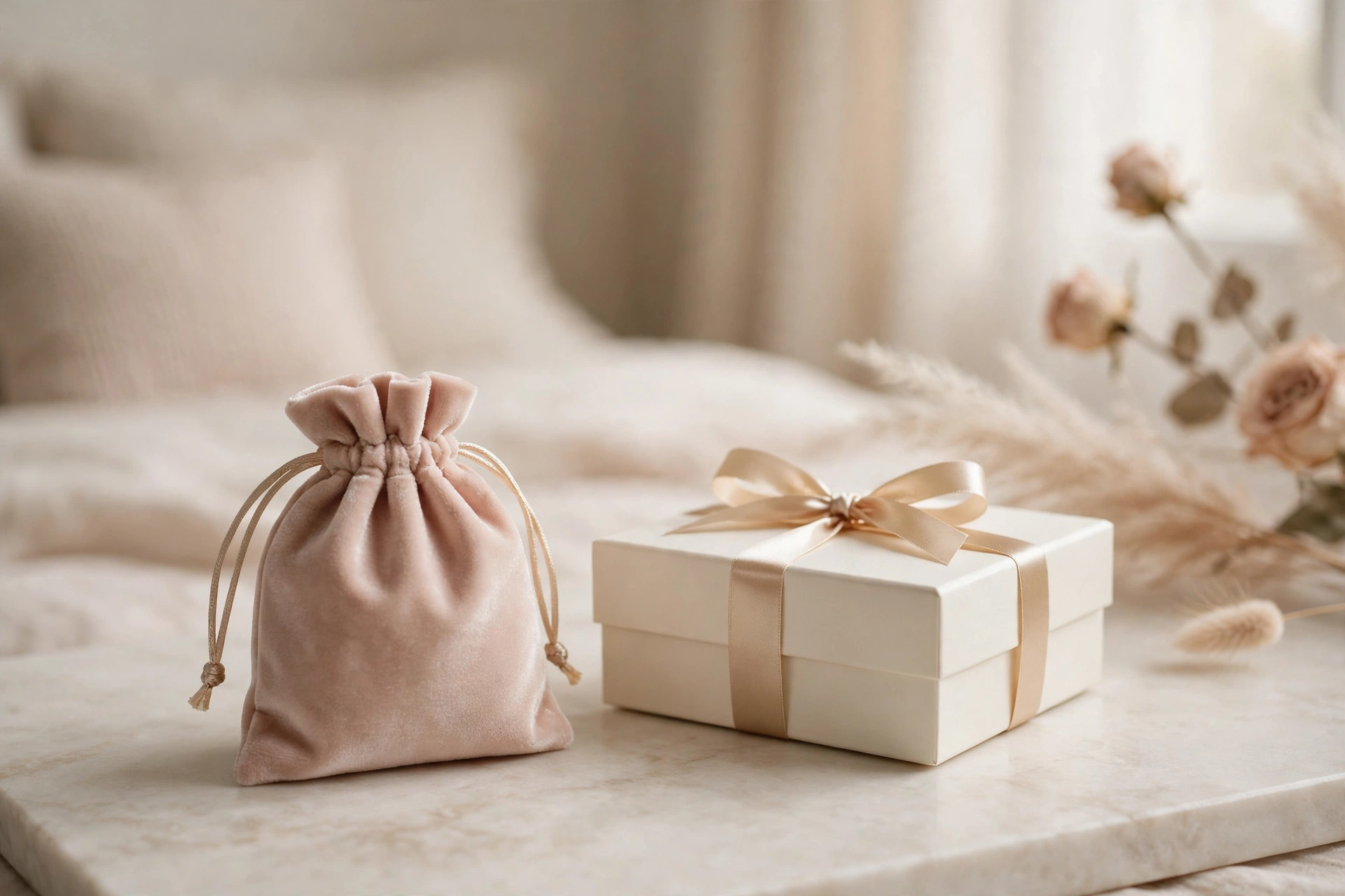 Pochon en velours rose poudré et coffret discret sur une table de chevet, ambiance douce et élégante