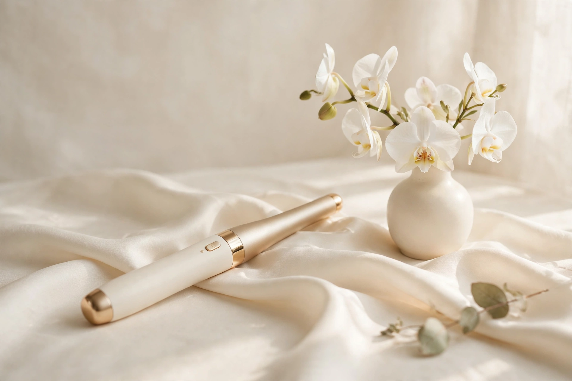 Vibromasseur baguette magique ivoire et doré posé sur soie crème près d'orchidées blanches
