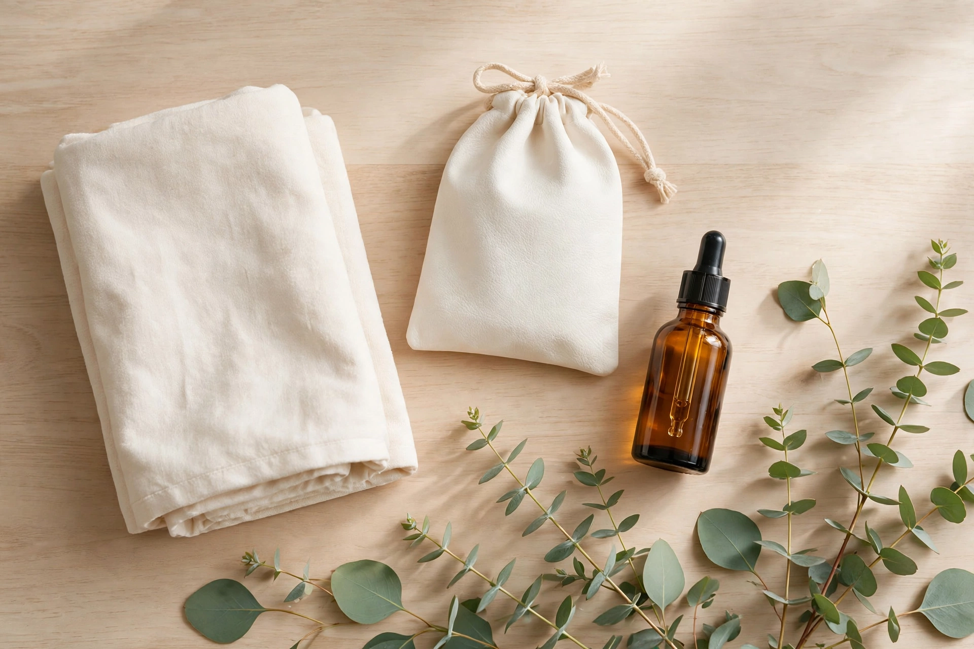 Pochette de rangement crème, serviette pliée et eucalyptus sur bois clair