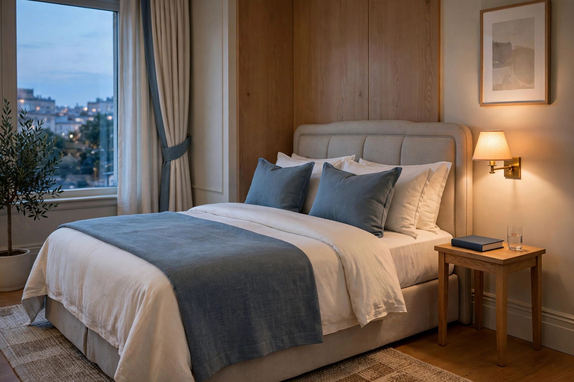 Chambre sereine à la lumière douce du soir, linge ivoire et bleu ardoise
