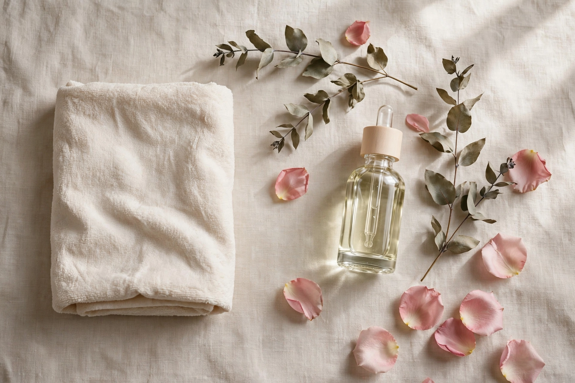 Bien-être intime : serviette crème, huile et eucalyptus, ambiance douce et élégante